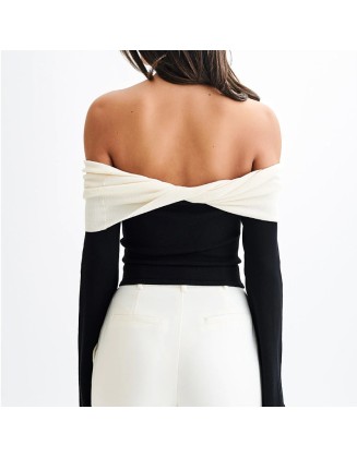 New knitted tops women's one-shoulder design sense temperament strapless Slim sweater women