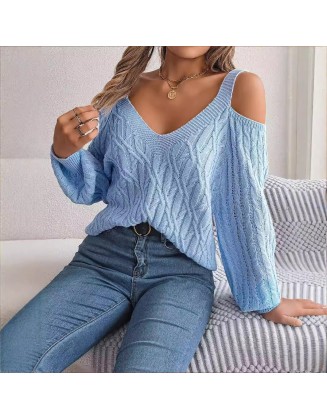 Autumn and Winter Casual Solid Color Twisted Strapless Lantern Sleeve Sweater 