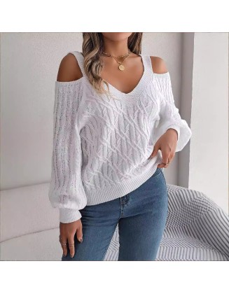 Autumn and Winter Casual Solid Color Twisted Strapless Lantern Sleeve Sweater 