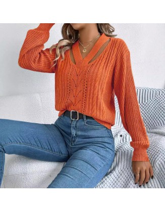 Autumn and winter casual hollow V-neck twist lantern sleeve pullover sweater