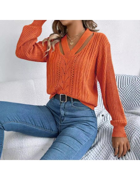 Autumn and winter casual hollow V-neck twist lantern sleeve pullover sweater