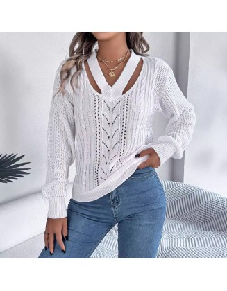 Autumn and winter casual hollow V-neck twist lantern sleeve pullover sweater