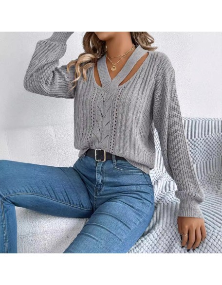 Autumn and winter casual hollow V-neck twist lantern sleeve pullover sweater