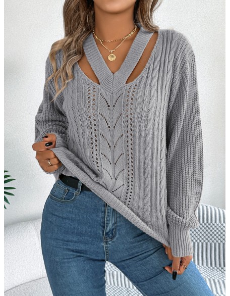 Autumn and winter casual hollow V-neck twist lantern sleeve pullover sweater