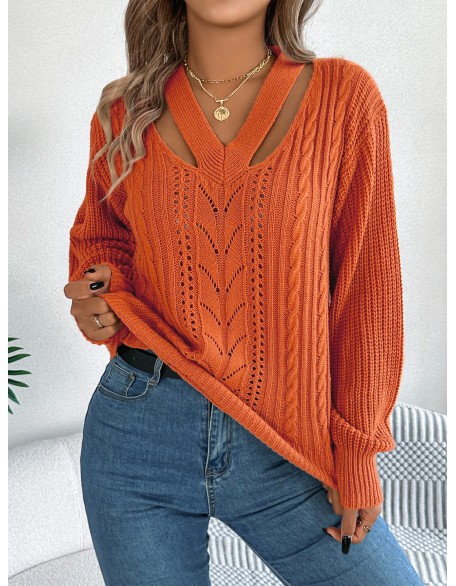 Autumn and winter casual hollow V-neck twist lantern sleeve pullover sweater