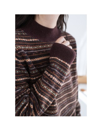 Vintage jacquard round neck garden style loose winter warm sweater women