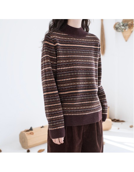 Vintage jacquard round neck garden style loose winter warm sweater women