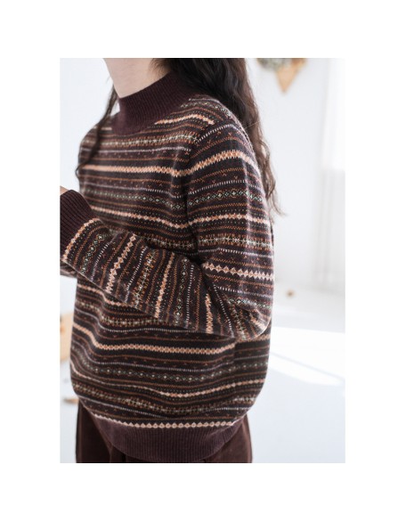 Vintage jacquard round neck garden style loose winter warm sweater women