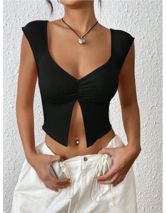 Summer new Europe and the United States pleated sexy Slim deep V slit navel blouse T-shirt female