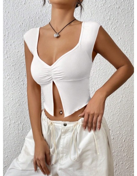 Summer new Europe and the United States pleated sexy Slim deep V slit navel blouse T-shirt female