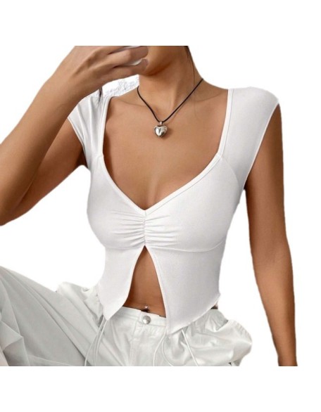 Summer new Europe and the United States pleated sexy Slim deep V slit navel blouse T-shirt female