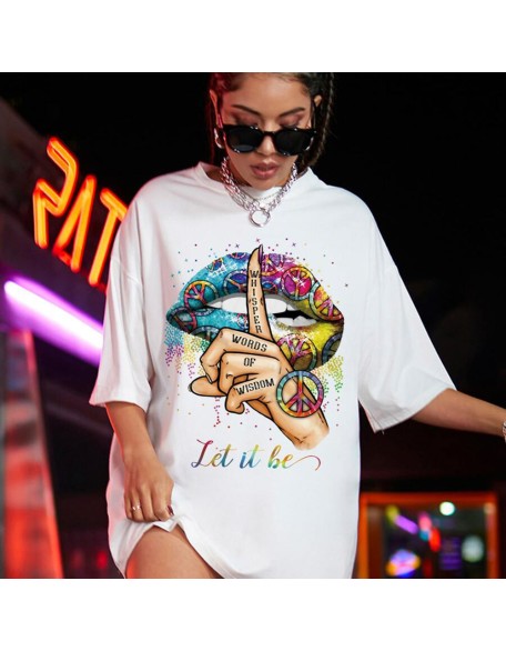 Hush Graffiti Printed Drop Shoulder T-Shirt Summer Fashion Casual Plus Size Women's Tops