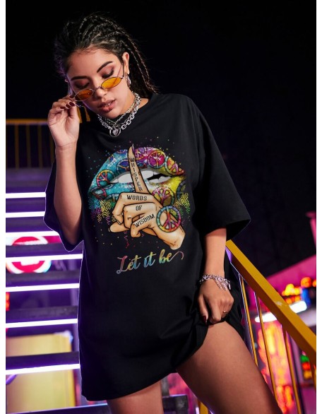 Hush Graffiti Printed Drop Shoulder T-Shirt Summer Fashion Casual Plus Size Women's Tops