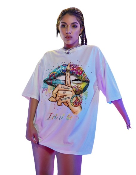 Hush Graffiti Printed Drop Shoulder T-Shirt Summer Fashion Casual Plus Size Women's Tops