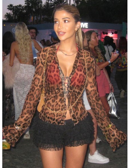 Summer new fashion sexy mesh see-through cardigan lace-up leopard print T-shirt