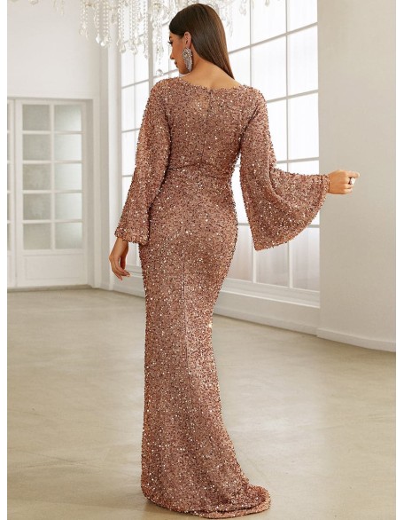 Spring and summer new fashion V-neck package hip sequin dress mid-waist flared sleeve long section