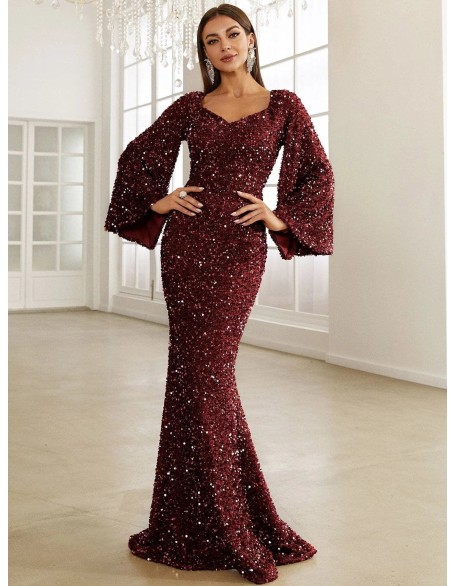 Spring and summer new fashion V-neck package hip sequin dress mid-waist flared sleeve long section