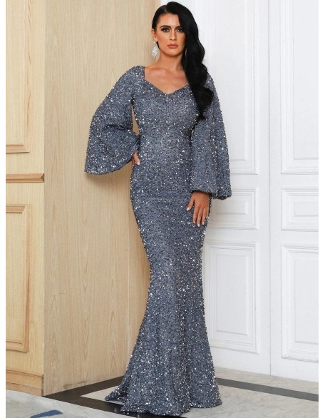 Spring and summer new fashion V-neck package hip sequin dress mid-waist flared sleeve long section