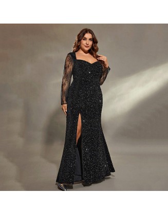 Black evening dress female banquet temperament high-end large size open fork celebrity senior texture host fishtail adult ceremony