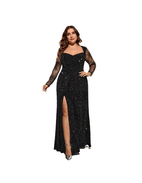 Black evening dress female banquet temperament high-end large size open fork celebrity senior texture host fishtail adult ceremony