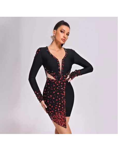 High-end Light Luxury Ruby Rhinestone Tight Long Sleeve Bandage Wrap Hip Dress High Sexy Birthday Gowns