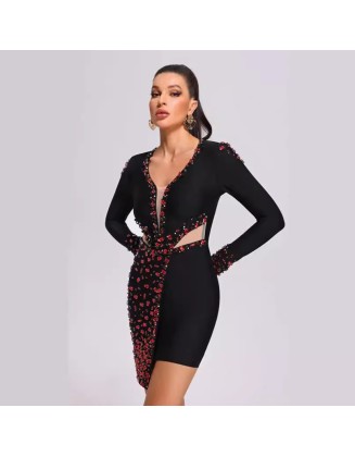 High-end Light Luxury Ruby Rhinestone Tight Long Sleeve Bandage Wrap Hip Dress High Sexy Birthday Gowns