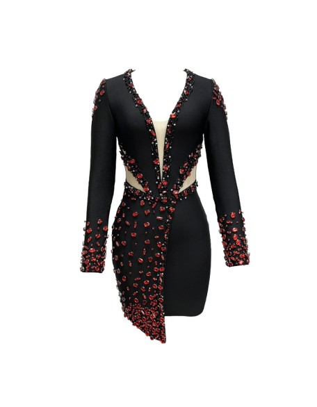 High-end Light Luxury Ruby Rhinestone Tight Long Sleeve Bandage Wrap Hip Dress High Sexy Birthday Gowns