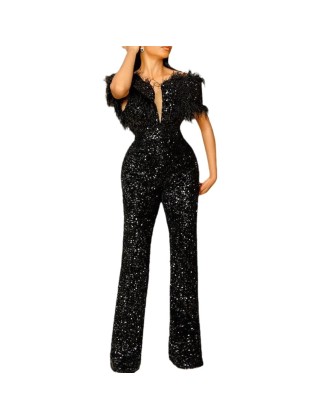 New Jumpsuit V-Neck Feather Sequins Slim Waist Dresses