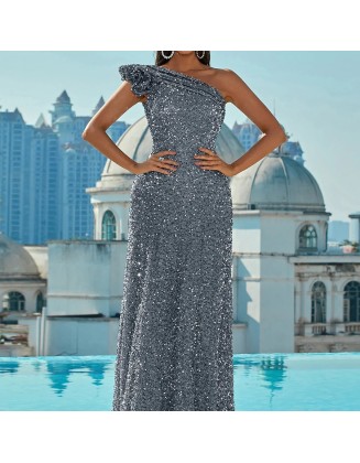 New Sequins Slant Shoulder Backless Sleeveless Long Prom Sequins Silver Swing Dresses Evening Gowns