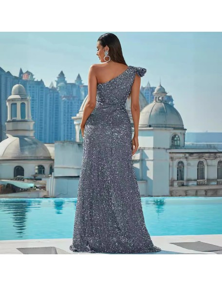 New Sequins Slant Shoulder Backless Sleeveless Long Prom Sequins Silver Swing Dresses Evening Gowns