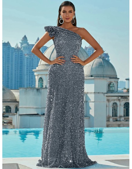 New Sequins Slant Shoulder Backless Sleeveless Long Prom Sequins Silver Swing Dresses Evening Gowns