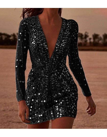 Sexy Deep V See-through Sequins Package Hip Dress Long Sleeve Evening Gowns