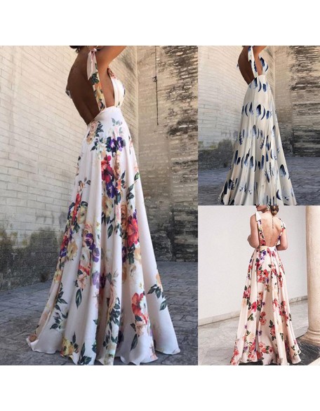 Spring/Summer Leaky Back Printed Big Hem Sleeveless Halter Dress