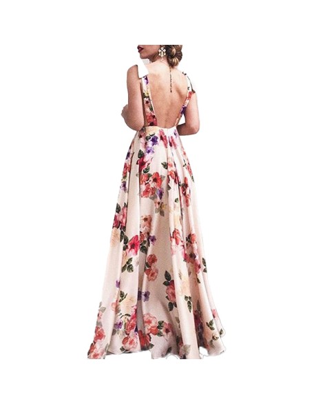 Spring/Summer Leaky Back Printed Big Hem Sleeveless Halter Dress