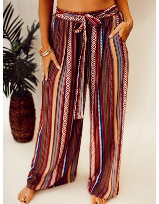 Ethnic pattern stripe pattern with waistband wide leg pants