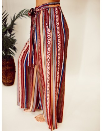 Ethnic pattern stripe pattern with waistband wide leg pants