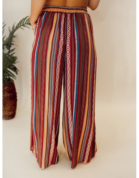 Ethnic pattern stripe pattern with waistband wide leg pants