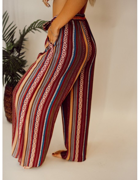 Ethnic pattern stripe pattern with waistband wide leg pants