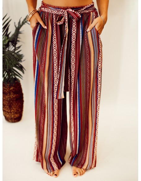 Ethnic pattern stripe pattern with waistband wide leg pants