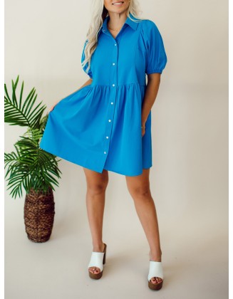 Blue Button Bubble Sleeve Shirt Dress