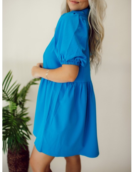 Blue Button Bubble Sleeve Shirt Dress