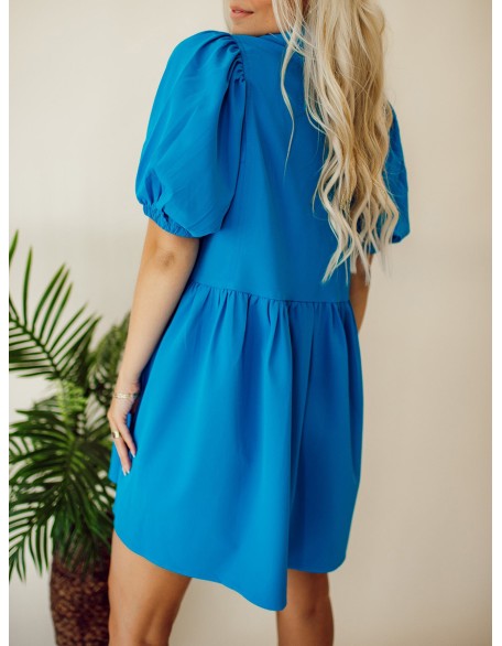 Blue Button Bubble Sleeve Shirt Dress