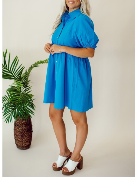 Blue Button Bubble Sleeve Shirt Dress