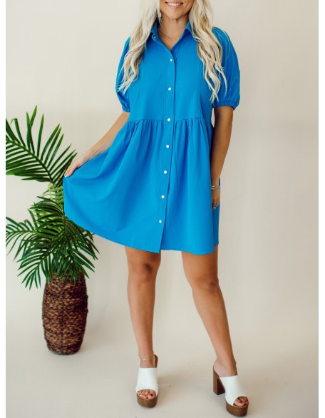 Blue Button Bubble Sleeve Shirt Dress