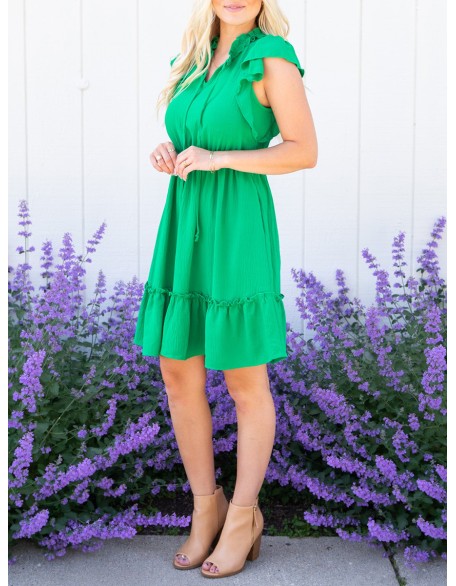 Green ruffled sleeve mini dress