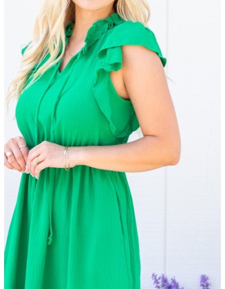 Green ruffled sleeve mini dress