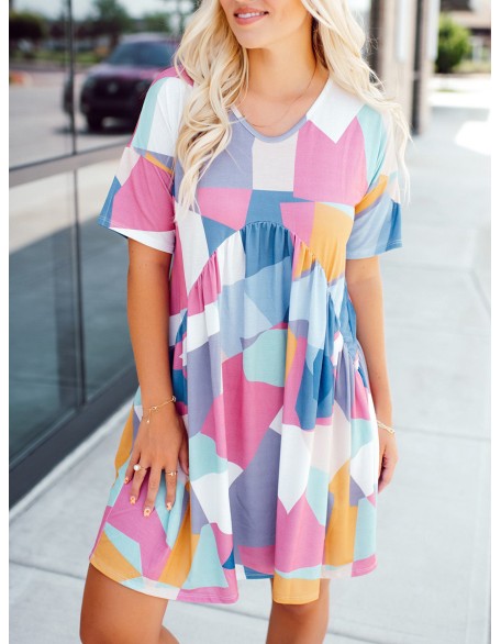 Contrast geometric pattern pleated dress