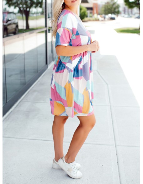 Contrast geometric pattern pleated dress