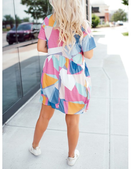 Contrast geometric pattern pleated dress