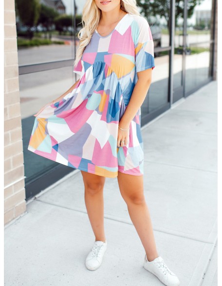 Contrast geometric pattern pleated dress